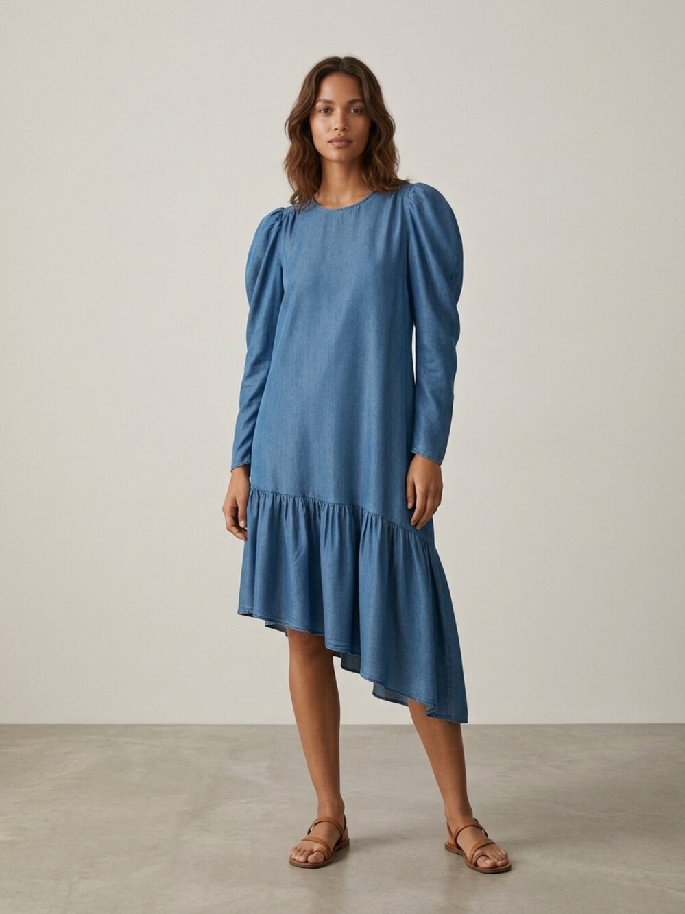 NWOT Zara Blue Turquoise Baloon Long Sleeve Ruffle Hem Asymmetric Midi Dress L